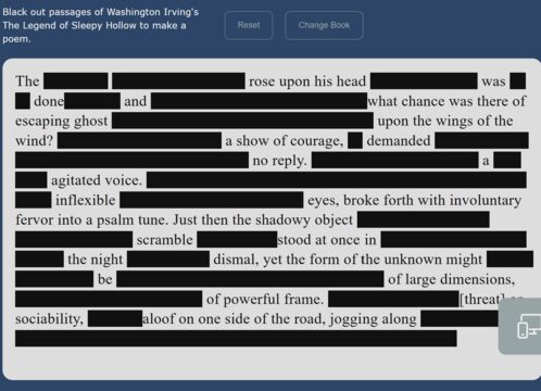 Blackout poetry exercise with a passage of text partly covered by black bars