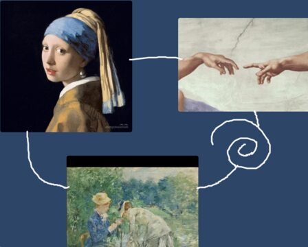 Parts-mapping board with three classical paintings joined by hand-drawn lines